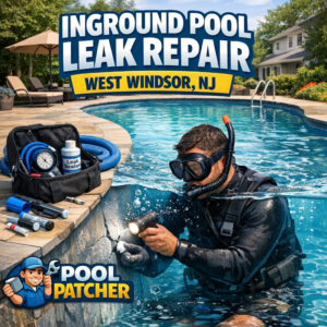 Technician repairing a leak in an inground pool using specialized equipment in West Windsor, NJ.