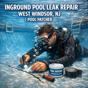 Underwater technician repairing an inground pool leak in West Windsor, NJ using Pool Patcher products.