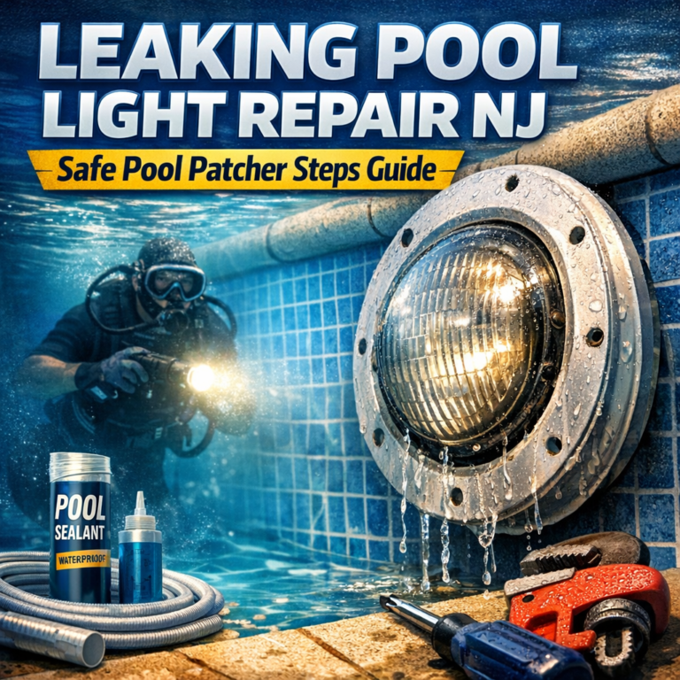 Close-up of a leaking underwater pool light being repaired with sealant and tools in a backyard pool.