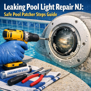 Close-up of hands repairing a leaking pool light with patching tools in a swimming pool.