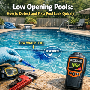 Diagram showing tools and steps to detect and fix a pool leak when water levels are low.