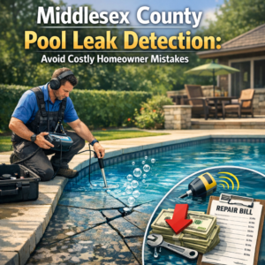 A technician uses electronic equipment to detect a pool leak in a residential backyard in Middlesex County.