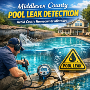 A pool technician uses leak detection equipment to inspect a backyard swimming pool in Middlesex County.