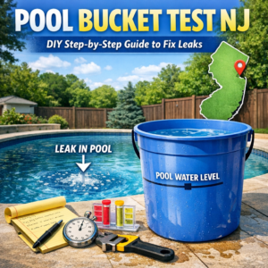 Step-by-step DIY guide showing how to perform a pool bucket leak test to identify leaks in a swimming pool.