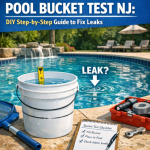 Step-by-step DIY guide showing the pool bucket test to detect leaks in a backyard pool.