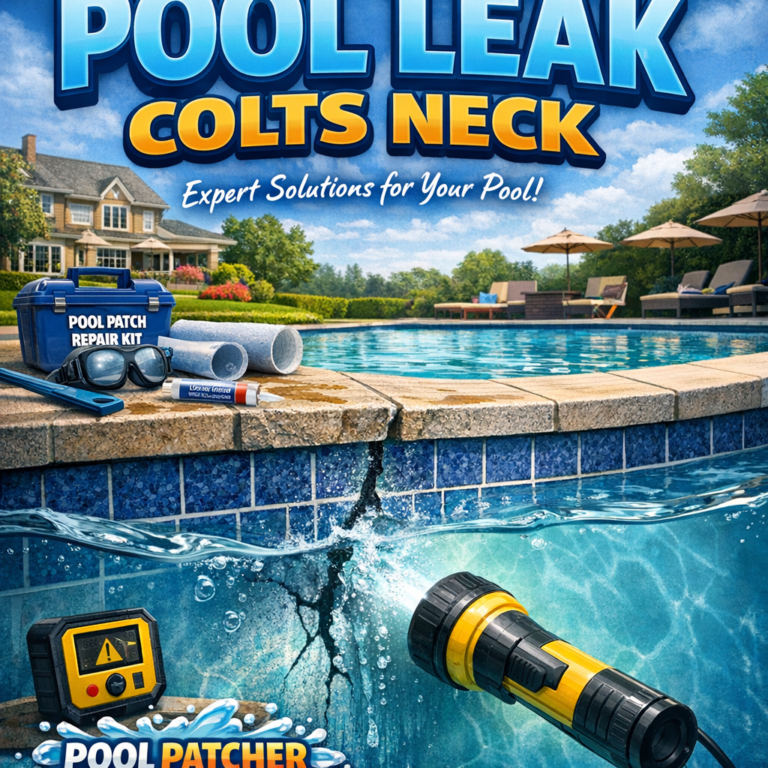 Pool leak repair kit with tools laid out on a wooden surface, ready for fixing leaks in swimming pools.