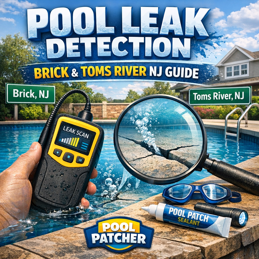 A repair kit and tools for pool leak detection and patching, with water droplets on a pool surface.