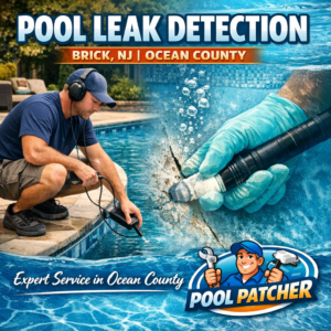 Technician inspecting a backyard pool for leaks using specialized equipment in Brick, NJ.