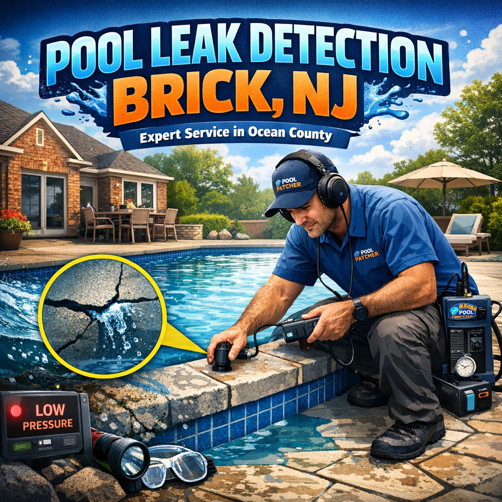 Technician using specialized equipment to detect pool leaks in a residential backyard pool in Brick, NJ.