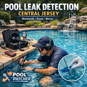 Technician using leak detection equipment beside a backyard pool in Central Jersey.