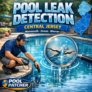 Technician using electronic equipment to detect pool leaks in a residential backyard pool in Central Jersey.