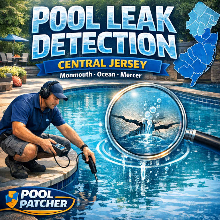 Technician using electronic equipment to detect pool leaks in a residential backyard pool in Central Jersey.