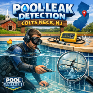 Technician inspecting a pool underwater for leaks with specialized equipment in Colts Neck, NJ.
