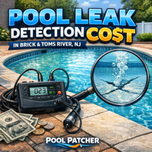 Infographic showing pool leak detection costs and services in Brick and Toms River, NJ with Pool Patcher.