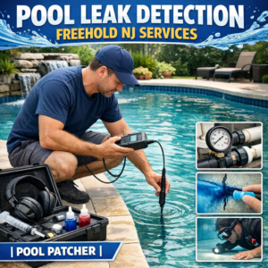 Technician using advanced leak detection equipment near a residential swimming pool in Freehold, NJ.