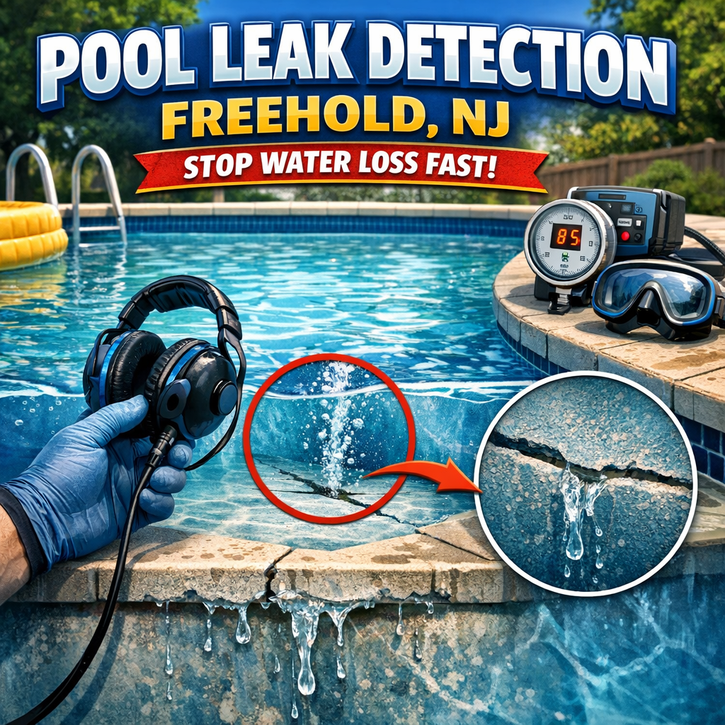 Technician inspecting a backyard pool for leaks using specialized equipment to prevent water loss in Freehold, NJ.