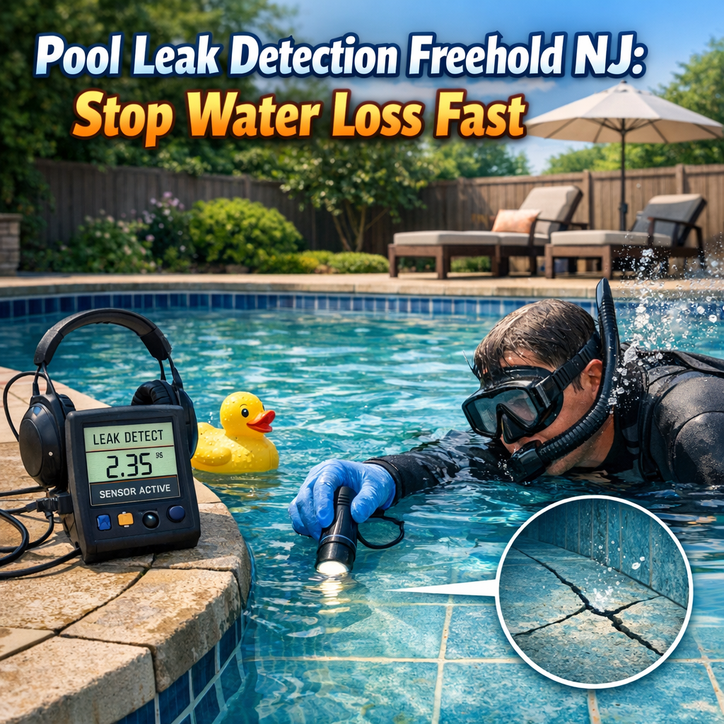 Technician inspecting a pool for leaks to stop water loss in Freehold, NJ.