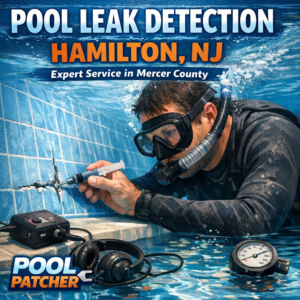 Technician using leak detection equipment at an outdoor pool in Hamilton, NJ, specializing in Mercer County.