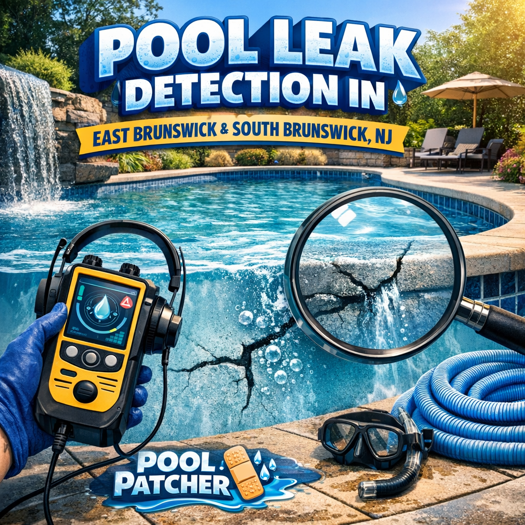 A pool technician uses leak detection equipment near a backyard swimming pool in East Brunswick, NJ.
