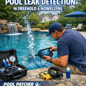 Technician using leak detection equipment near a swimming pool in Freehold and Howell, NJ.