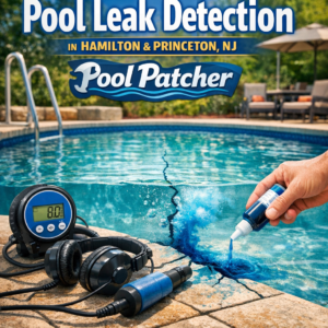 Technician inspecting a pool for leaks using specialized equipment near a Hamilton and Princeton, NJ pool.
