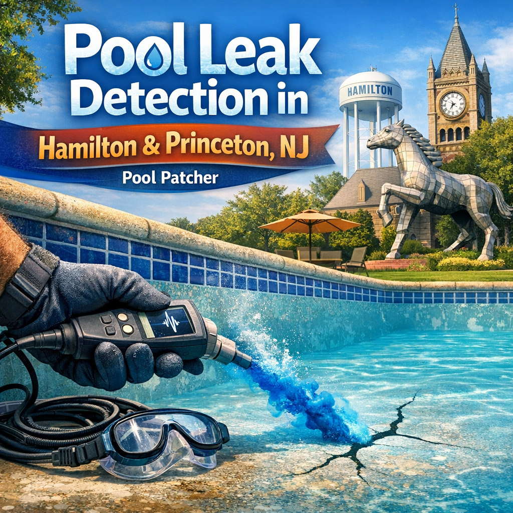 Technician using specialized equipment to detect and patch a pool leak in Hamilton or Princeton, NJ.
