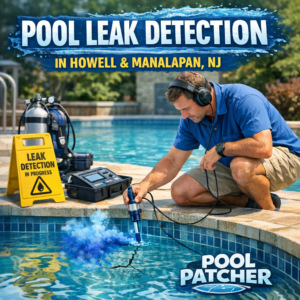 Technician using electronic equipment to detect a pool leak in a residential backyard pool.