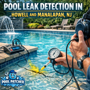 Technician using leak detection equipment by a residential pool in Howell and Manalapan, NJ.