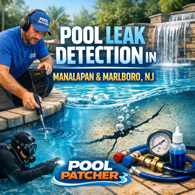 Technician using specialized equipment to detect leaks in a residential swimming pool in Manalapan, NJ.