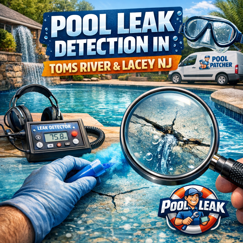 Technician using electronic equipment to detect pool leaks in a backyard pool in Toms River, NJ.