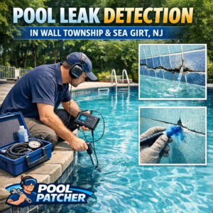 Technician using leak detection equipment on a residential swimming pool in Wall Township, NJ.