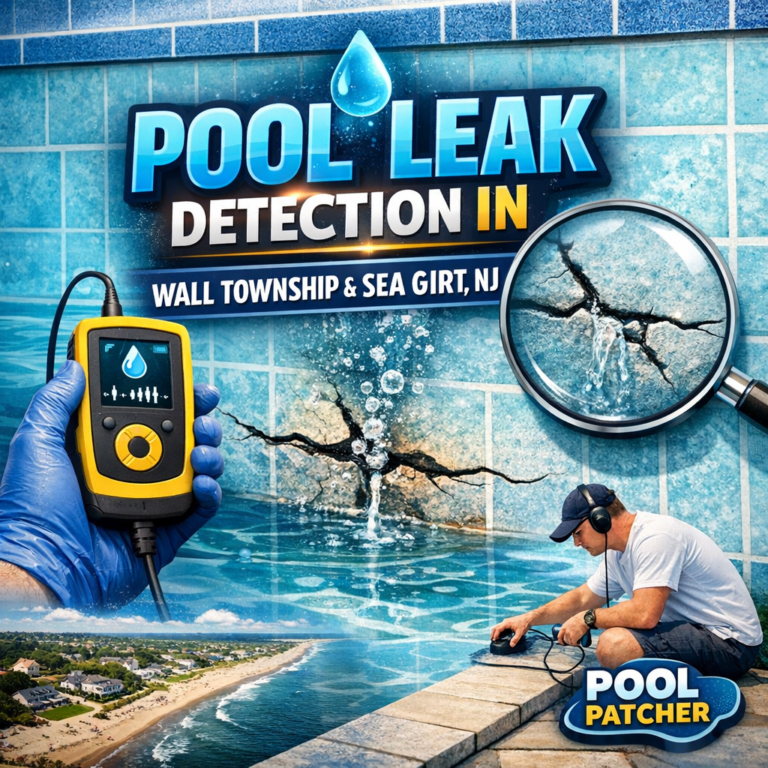 Technician using leak detection equipment by a residential swimming pool in Wall Township and Sea Girt, NJ.