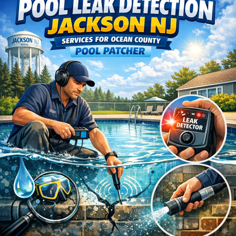 Technician inspecting a pool for leaks with specialized equipment in Jackson, NJ.