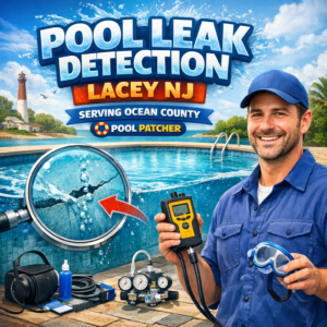Technician inspecting an inground pool for leaks using specialized leak detection equipment.