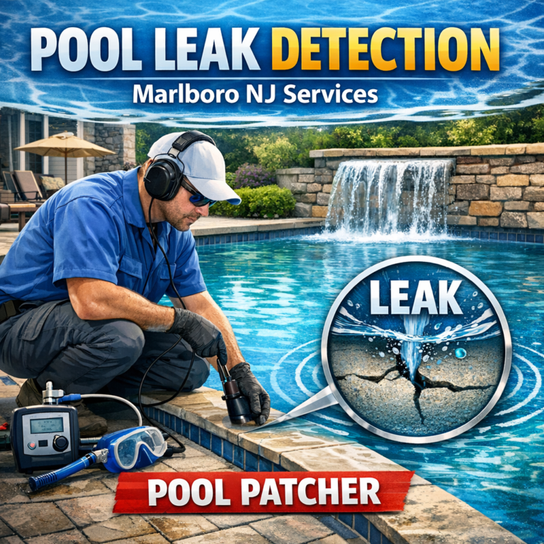 Technician using equipment to detect and repair pool leaks in a backyard pool in Marlboro, NJ.