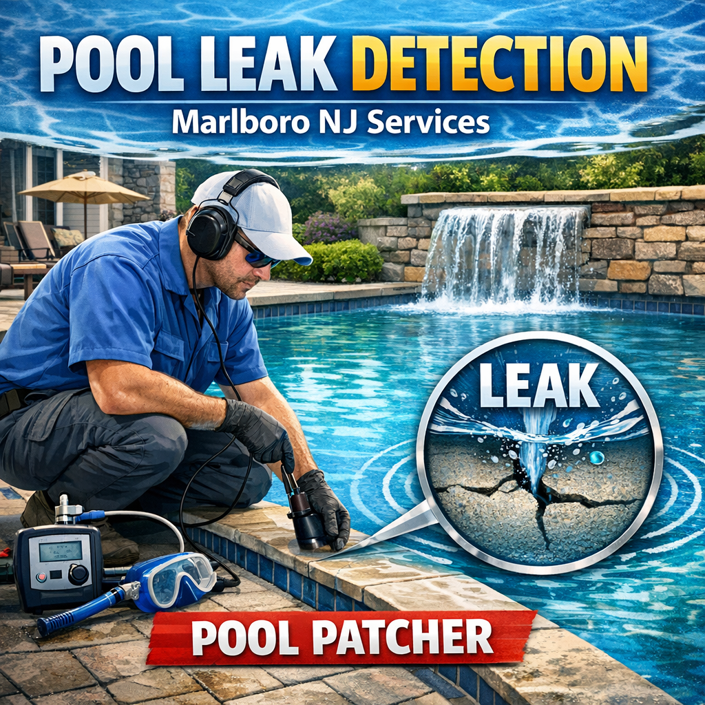 Technician using equipment to detect and repair pool leaks in a backyard pool in Marlboro, NJ.