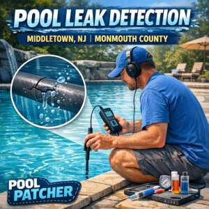 Technician performing pool leak detection and repair on an inground pool in Middletown, NJ.