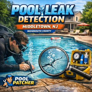 Technician using specialized equipment to detect a pool leak on a residential pool deck in Middletown, NJ.