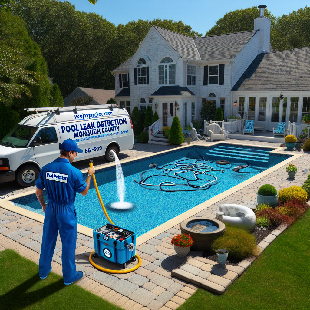 Technician using specialized equipment to detect leaks in a residential swimming pool.
