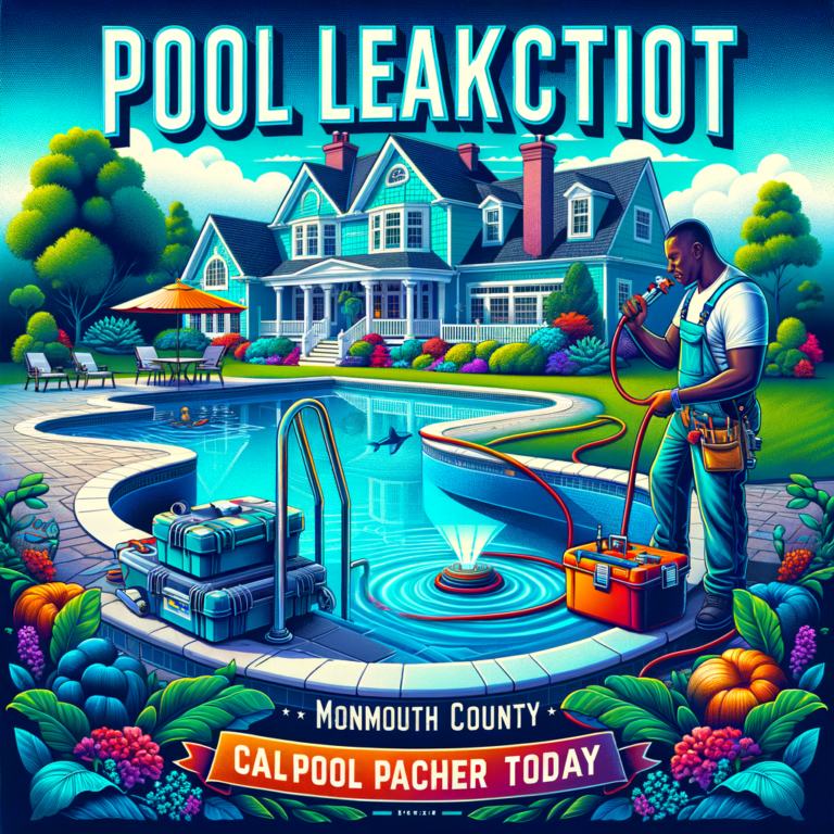 Illustration of a house with a swimming pool and leak detection tools indicating a pool leak.