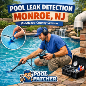 Technician performing professional pool leak detection in Monroe, NJ with specialized equipment by Pool Patcher.