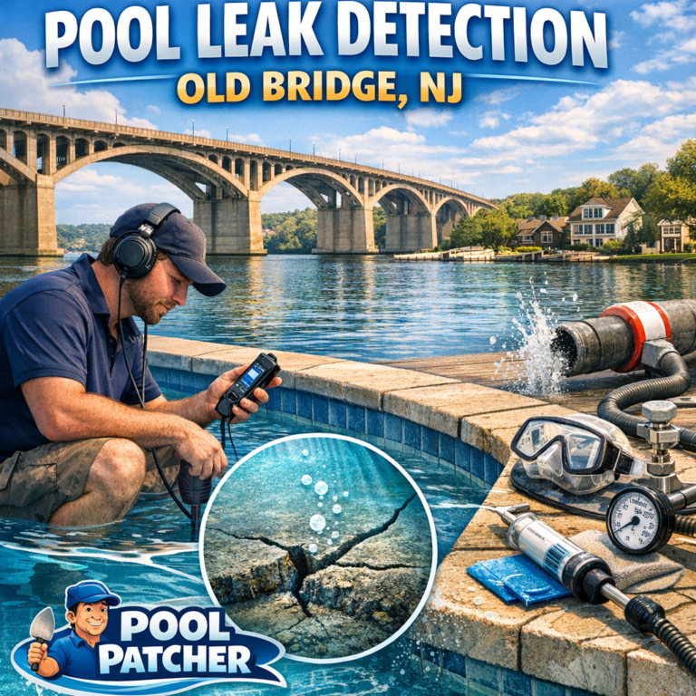 Technician using advanced equipment to detect pool leaks in Old Bridge, NJ backyard pool.