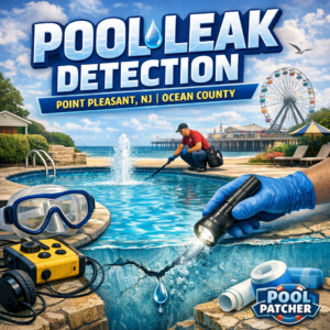 Technician using equipment to detect pool leaks in a backyard swimming pool in Point Pleasant, NJ.