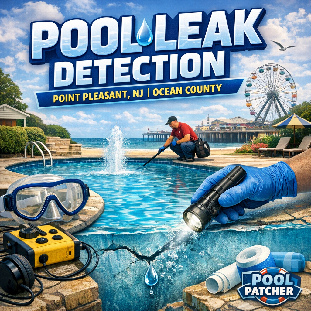 Technician using equipment to detect pool leaks in a backyard swimming pool in Point Pleasant, NJ.