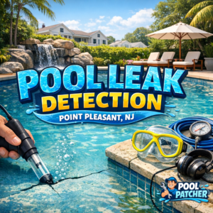 Technician using leak detection equipment near a pool in Point Pleasant, NJ.
