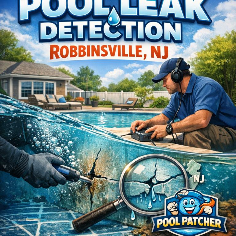 Technician uses specialized equipment to detect a pool leak at a residential pool in Robbinsville, NJ.