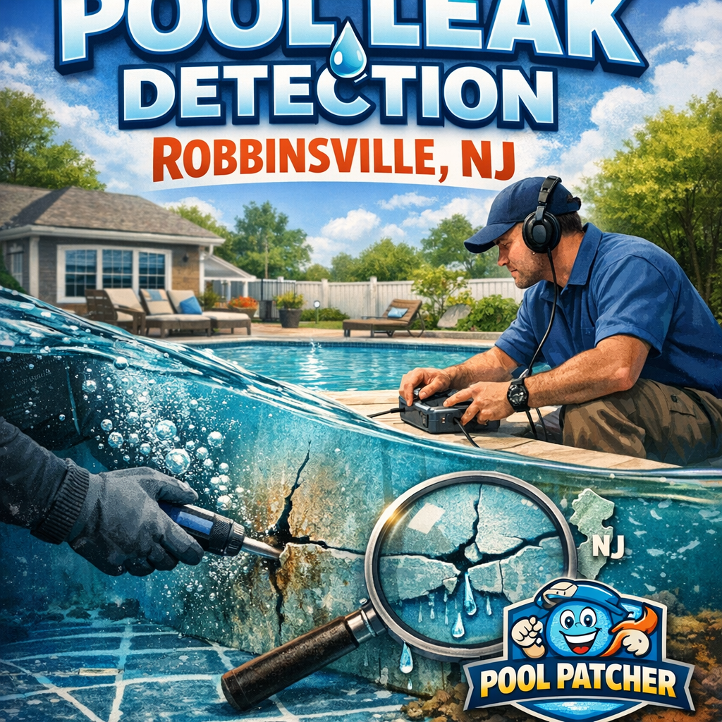 Technician uses specialized equipment to detect a pool leak at a residential pool in Robbinsville, NJ.