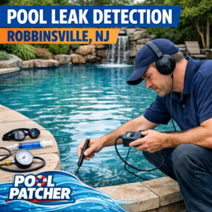 Technician using electronic equipment to detect leaks around a residential pool in Robbinsville, NJ.