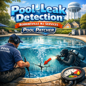 Technician using leak detection equipment near a swimming pool in Robbinsville, NJ.