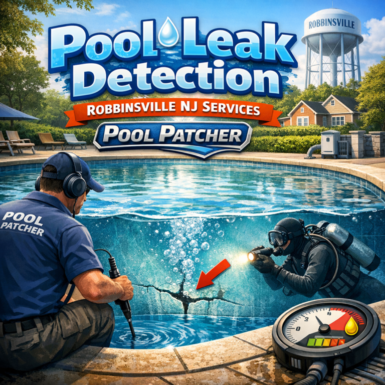Technician using leak detection equipment near a swimming pool in Robbinsville, NJ.